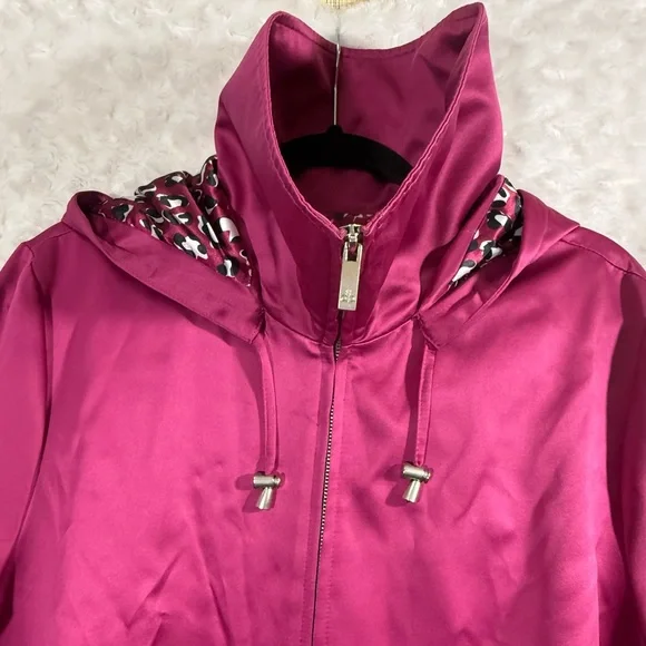 Dennis Basso Womens Full Zip‎ Fuchsia Satin Finish Hooded Size 1X Trench Coat - Picture 6 of 12